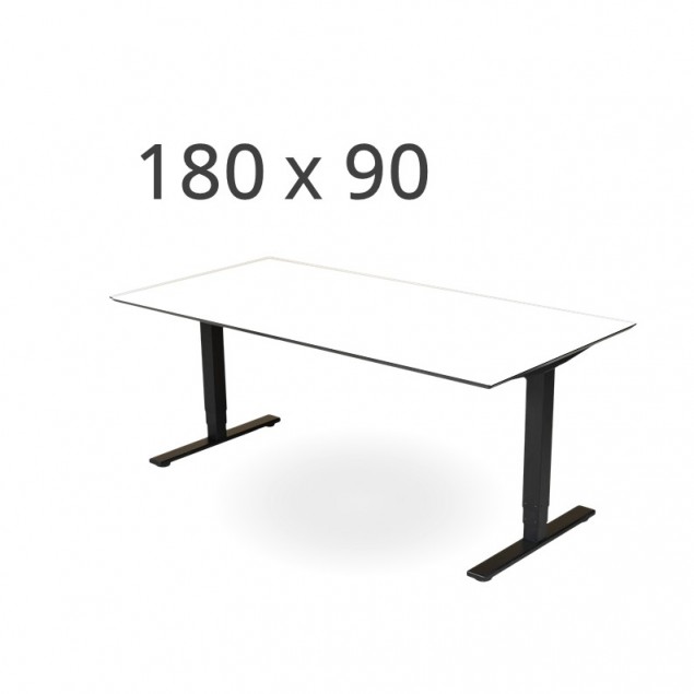 180x90 cm hvid laminat med sort kant. Elektrisk hæve sænkebord.